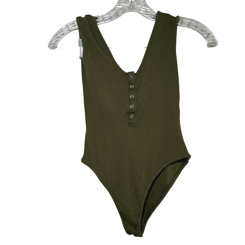 Free people Olive Green Ribbed Button Down Bodysuit Sleeveless V Neck Casual Top